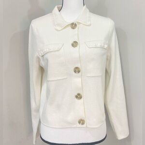 Joie Soft Knit Cream Button Front Boxy Long Sleeve Embroidered Trim Cardigan MED